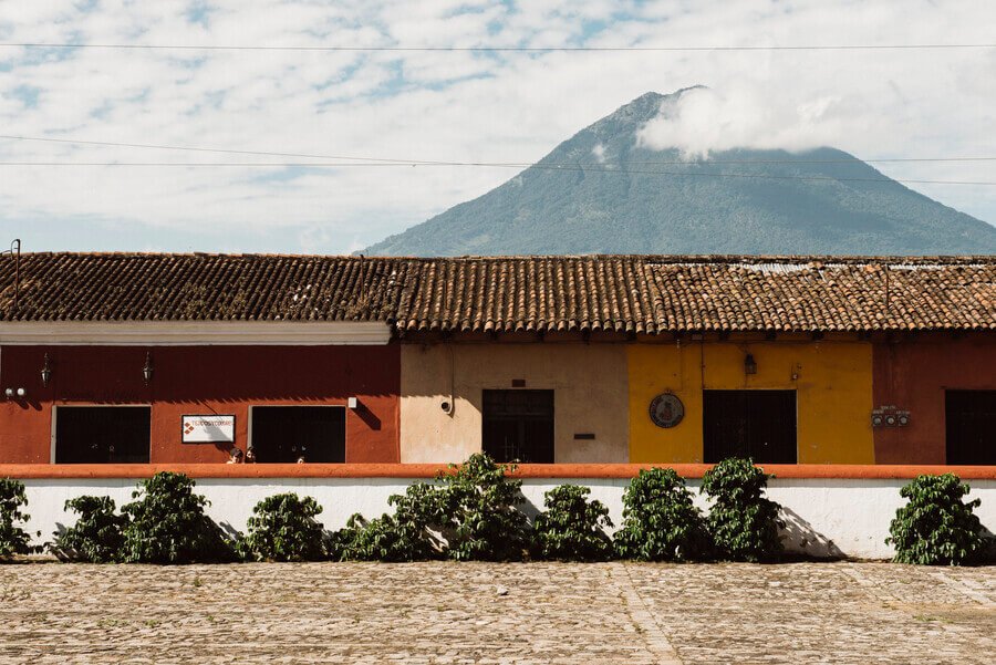 Colonial street with Agua Volcano in Antigua Guatemala