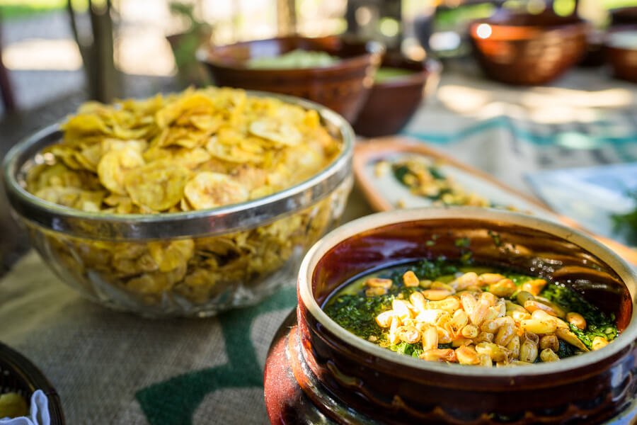 Traditional Guatemalan breakfast served in rustic bowls with fresh local ingredients.
